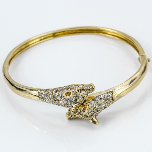 Vintage 14k Yellow Gold Pavé Diamond Wolf Head Bangle - Picture 1 of 4